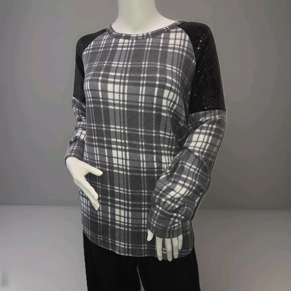You Are Beautiful Women's Large Plaid Sequin arms Top Gray Black Long Sleeve NWT